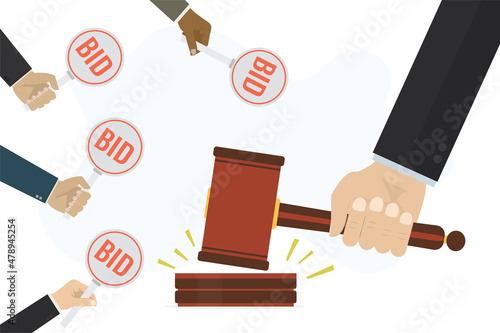 Cartoon auctioneer's hand hits with hammer. Auction process, different buyers with BID signs. Business elements isolated on white background.