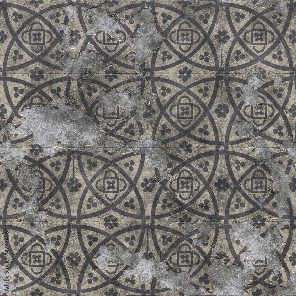 Ceramic tile with vintage pattern. Worn and worn gray tile background with decorative elements. Tuscan or Italian style. 3D-rendering