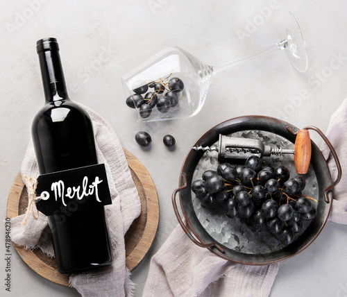 Red wine assortment with appetizers on light gray background.