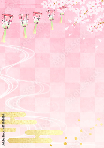 春の桜と提灯の和柄のベクターイラスト(花見,ひなまつり)