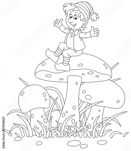 Merry little gnome sitting on a big mushroom and waving his hands in greeting among grass on a summer forest glade, black and white outline vector cartoon illustration for a coloring book page