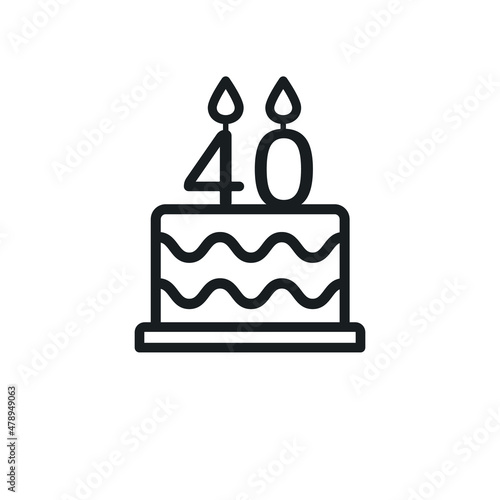 Birthday cake line icon with candle number 40. Vector.