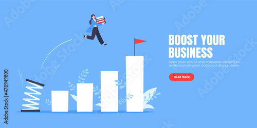 Springboard businesswoman high jump flat style design vector illustration concept. Business person jumps above career ladder. Success growth, motivation opportunity, boost career concept.