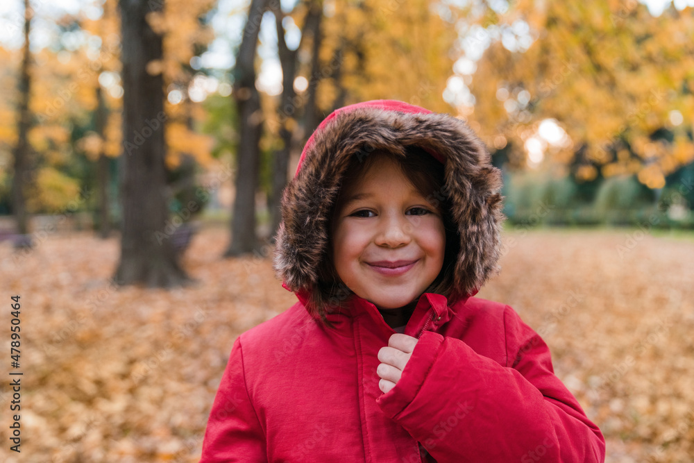 Little Girl with Red Jacket in Autumn Park Little Girl with Red Jacket in Autumn Park