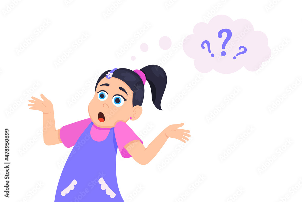 Little doubt girl kid asking question flat style design vector illustration isolated on white background. Cute girl thinking about something and question mark flies above her asking concept. Little doubt girl kid asking question flat style design vector illustration isolated on white background. Cute girl thinking about something and question mark flies above her asking concept.