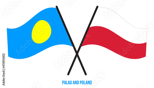 Palau and Poland Flags Crossed And Waving Flat Style. Official Proportion. Correct Colors.