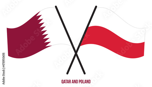 Qatar and Poland Flags Crossed And Waving Flat Style. Official Proportion. Correct Colors.