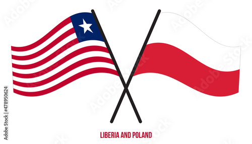Liberia and Poland Flags Crossed And Waving Flat Style. Official Proportion. Correct Colors.