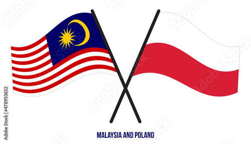 Malaysia and Poland Flags Crossed And Waving Flat Style. Official Proportion. Correct Colors.