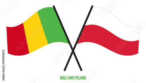 Mali and Poland Flags Crossed And Waving Flat Style. Official Proportion. Correct Colors.