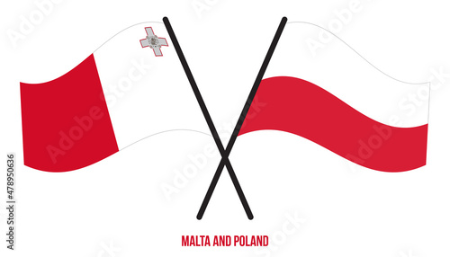 Malta and Poland Flags Crossed And Waving Flat Style. Official Proportion. Correct Colors.