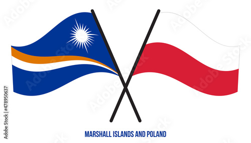 Marshall Islands and Poland Flags Crossed & Waving Flat Style. Official Proportion. Correct Colors.