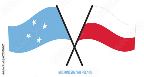 Micronesia and Poland Flags Crossed And Waving Flat Style. Official Proportion. Correct Colors.