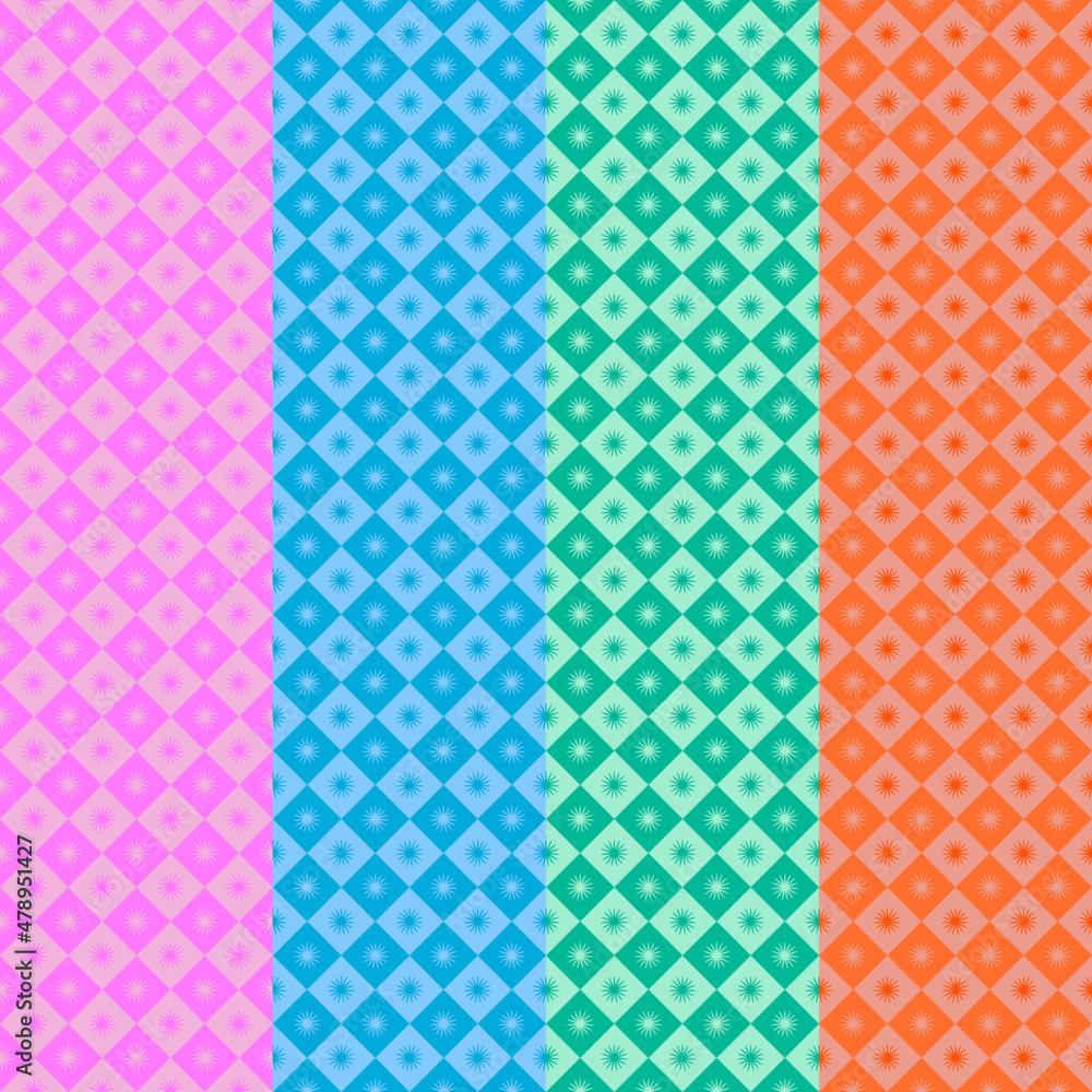 Vector Seamless Pattern : 4 column of different colors pattern with geometry shapes circle, rhombus, rectangle, square with curves