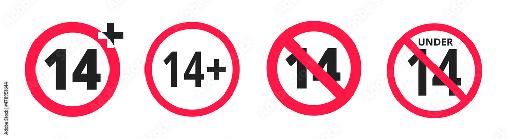 Over 14 years old plus forbidden round icon sign vector illustration set. 14 plus only or older persons adult content rating isolated on white background. Over 14 years old plus forbidden round icon sign vector illustration set. 14 plus only or older persons adult content rating isolated on white background.
