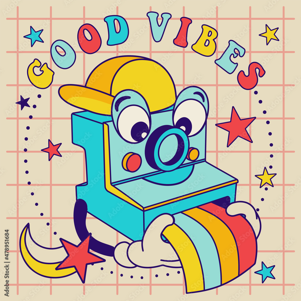 Good vibes concept with retro cartoon сamera and rainbow photos.60's-70's groovy print for tee, t shirt or poster with slogan