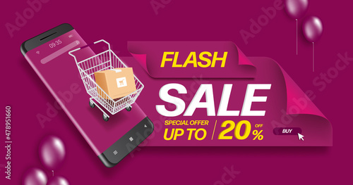 Parcel box in cart and all on smartphone screen and there is flash sale 20% off text for promotion sale pasted on the ribbon,vector 3d isolated on purple background for online shopping concept