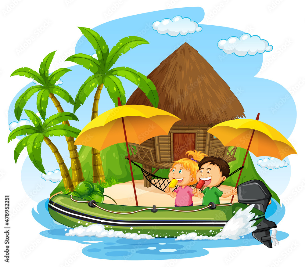 Bungalow on the island with children on inflatable boat