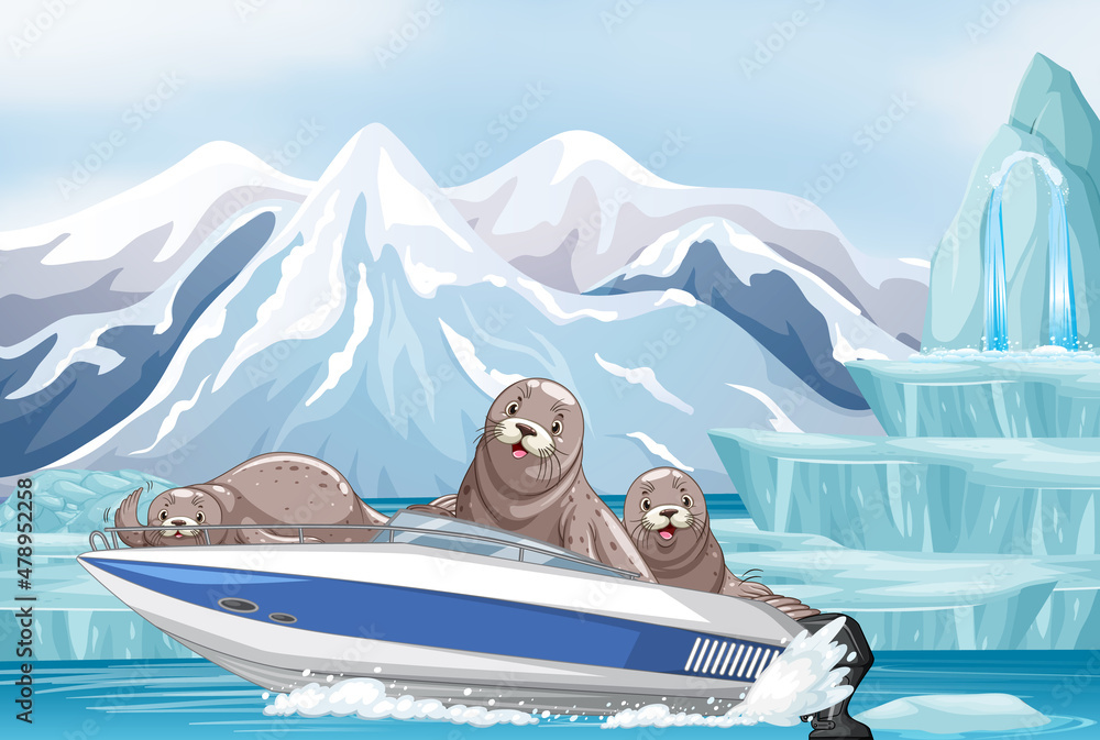 Antarctica landscape with seals in a speedboat