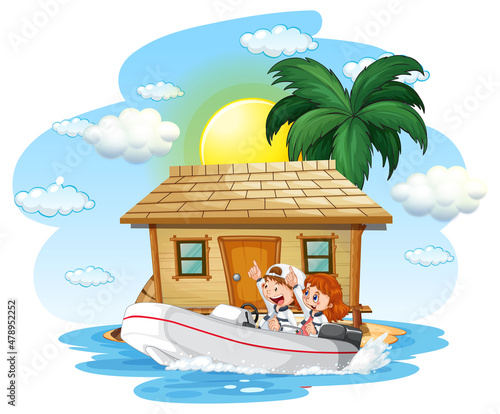 Bungalow on the island with children on speedboat