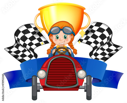 Girl driver with trophy and race flag