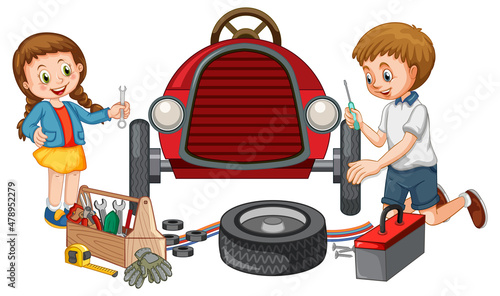 Dad and daughter repairing a car together