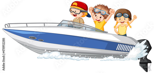 Young boy driving boat with his friends