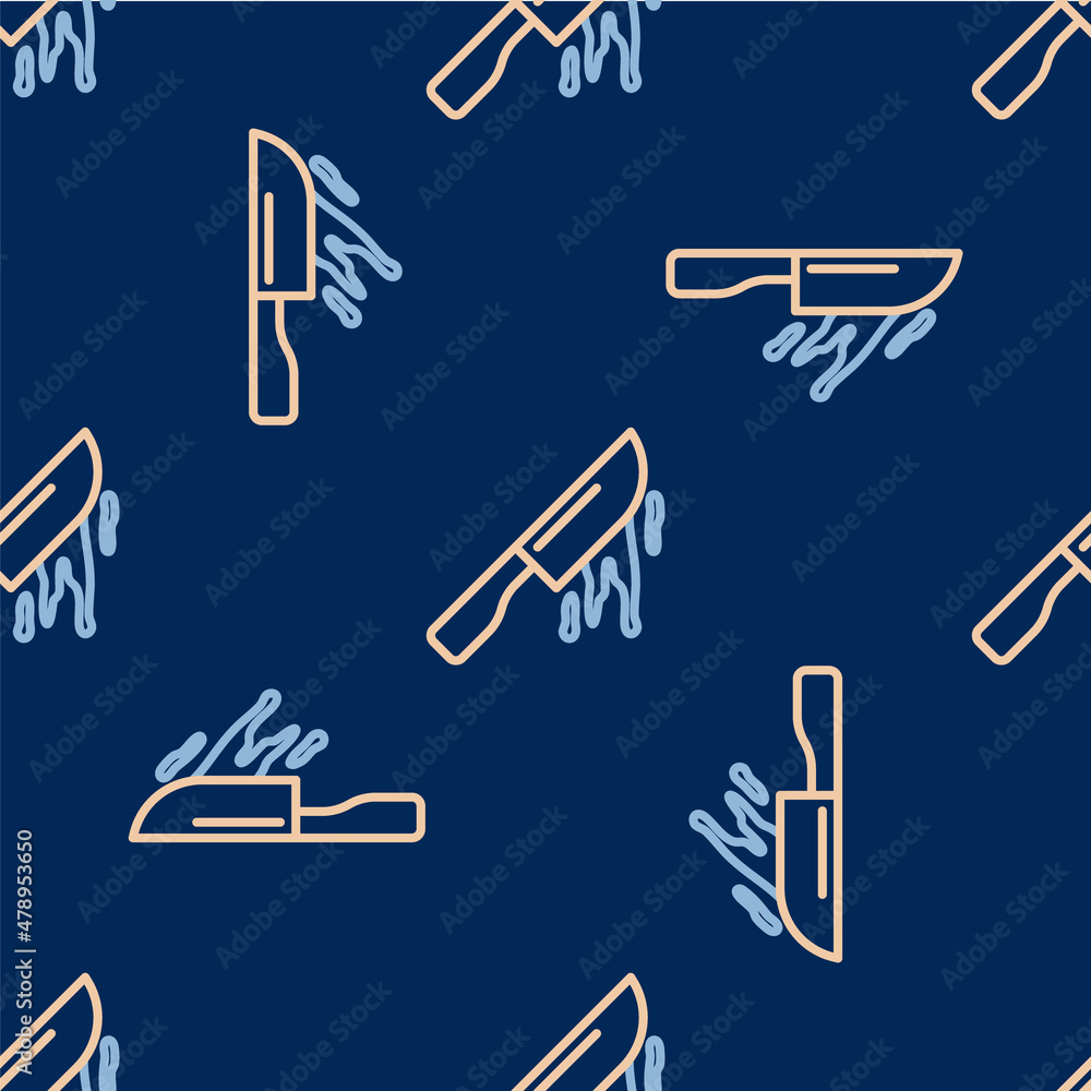 Line Bloody knife icon isolated seamless pattern on blue background. Cutlery symbol. Happy Halloween party. Vector Line Bloody knife icon isolated seamless pattern on blue background. Cutlery symbol. Happy Halloween party. Vector