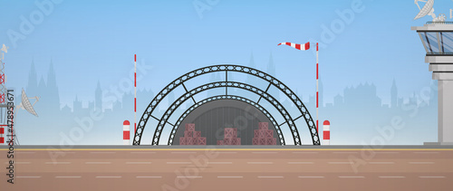 Military airport, runway and flight control point. Cartoon style.