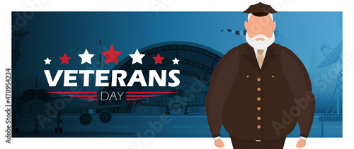 Veterans day banner with a wished man in uniform. Cartoon style.