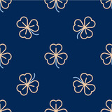 Line Clover icon isolated seamless pattern on blue background. Happy Saint Patrick day. Vector