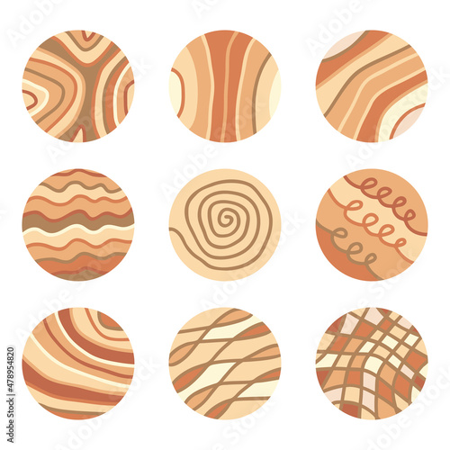 A collection of round social media highlight icons. The theme is brown texture representing organic, natural, and earthy. Originally created from hand drawn design.