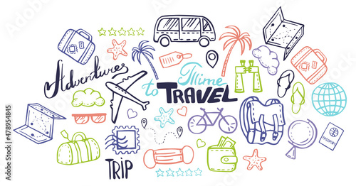 Doodle illustrations on theme of time to travel. The illustrations are isolated on a white background.