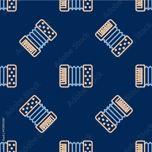 Line Musical instrument accordion icon isolated seamless pattern on blue background. Classical bayan, harmonic. Vector