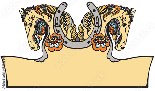 Two heads of horses with a horseshoe. Floral style. Isolated vector