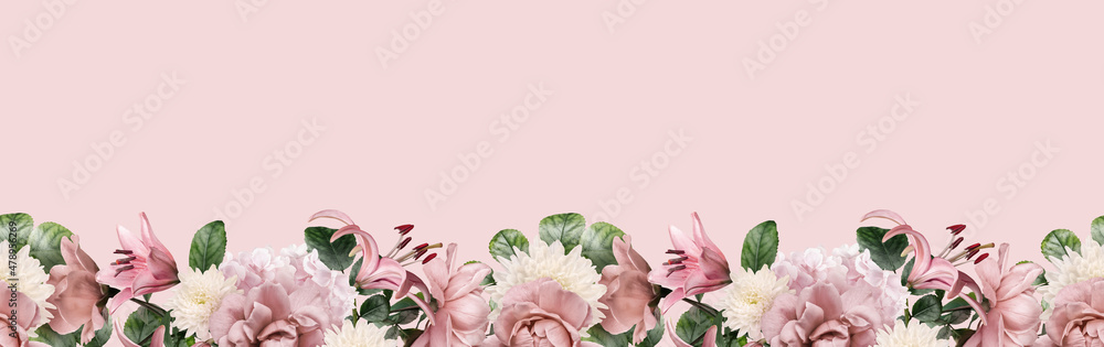 Floral border banner, header with copy space. Roses and lily isolated on pink background. Natural flowers wallpaper or greeting card. - obrazy, fototapety, plakaty 
