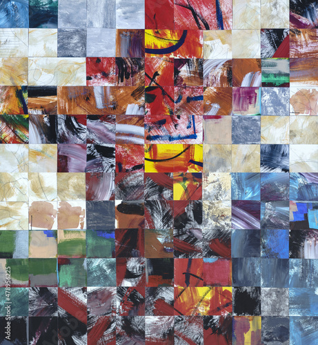 A collage of painted squares in a mosaic-like array.