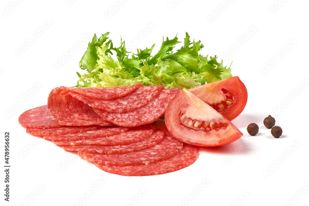 Traditional salami slices, Isolated on white background.