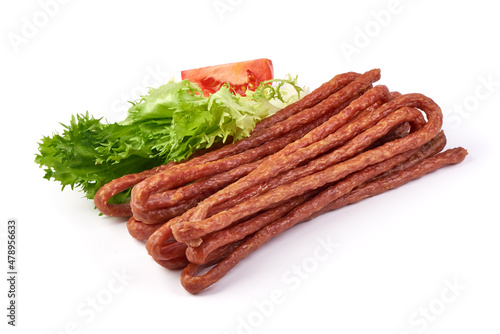 Kabanos. Polish long thin dry sausage made of pork. Isolated on white background.