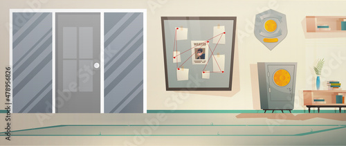 Detective workplace. Police office with investigation board. Vector illustration