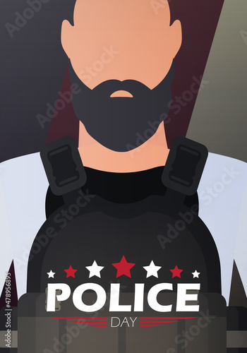 Police Day. Policeman on the background of the flag. Cartoon style