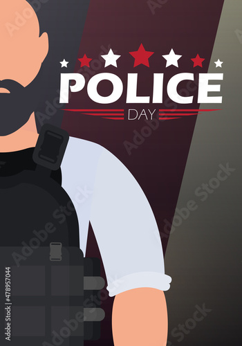 Police Day. Police officer in uniform. Cartoon style.