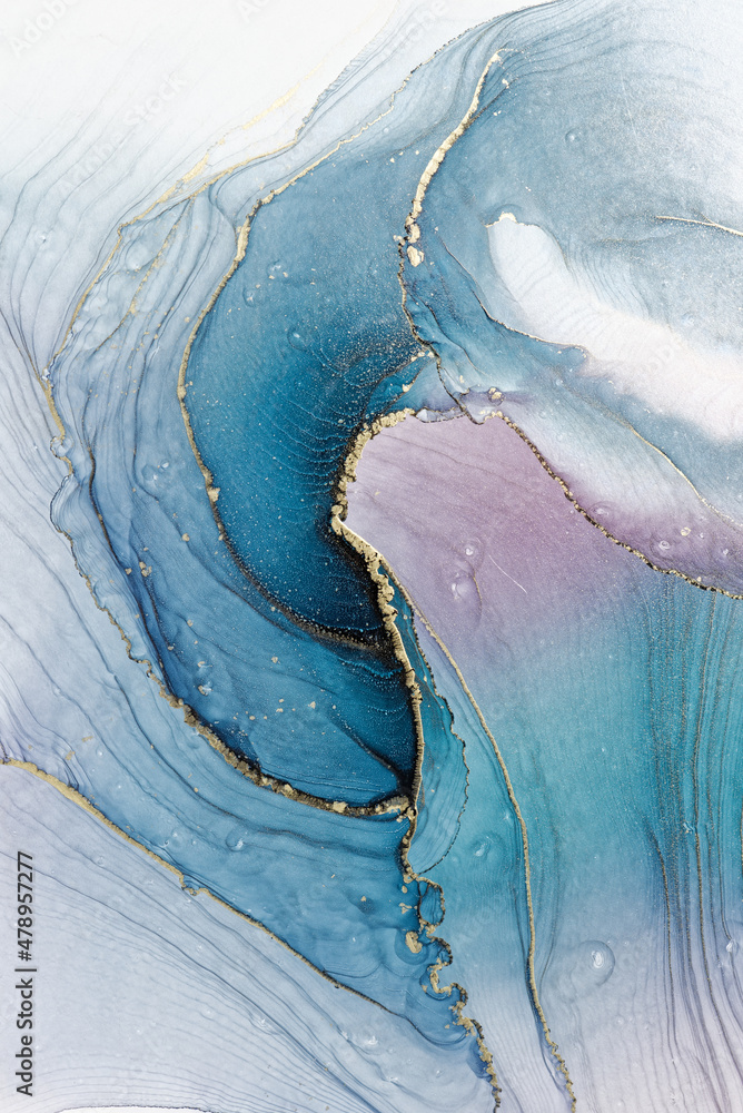 Fototapeta Royal cyan mint liquid marble watercolor background with gold lines. Teal turquoise marbled alcohol ink drawing effect. Contemporary liquid painting texture with bronze brush strokes
