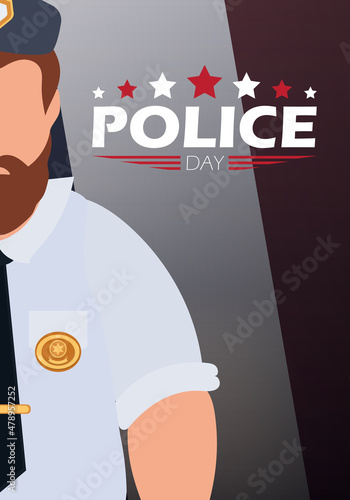 Police day banner. Policeman on the background of the flag. Vector illustration.
