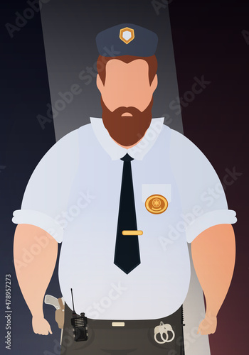 Policeman on the background of the flag. Cartoon style.
