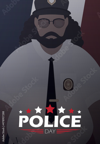Police day banner. Policeman on the background of the flag. Vector illustration.