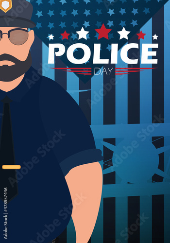 Police Day. Policeman on the background of the flag. Vector illustration.