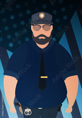 Policeman on the background of the flag. Vector illustration.