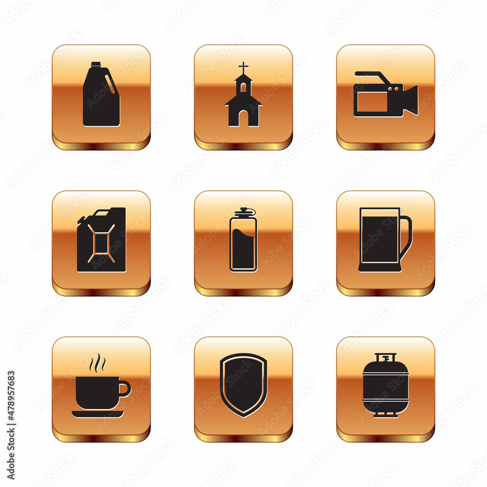 Set Household chemicals bottle, Coffee cup, Shield, Sport with water, Canister for gasoline and Cinema camera icon. Vector Set Household chemicals bottle, Coffee cup, Shield, Sport with water, Canister for gasoline and Cinema camera icon. Vector
