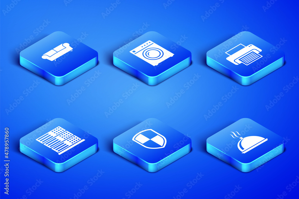 Set Covered with tray of food, Sofa, Shield, Server, Data, Web Hosting, Washer and Printer icon. Vector Set Covered with tray of food, Sofa, Shield, Server, Data, Web Hosting, Washer and Printer icon. Vector